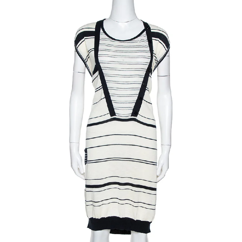Last Chance Kenzo Off White & Navy Striped Cotton Knit Sweater Dress