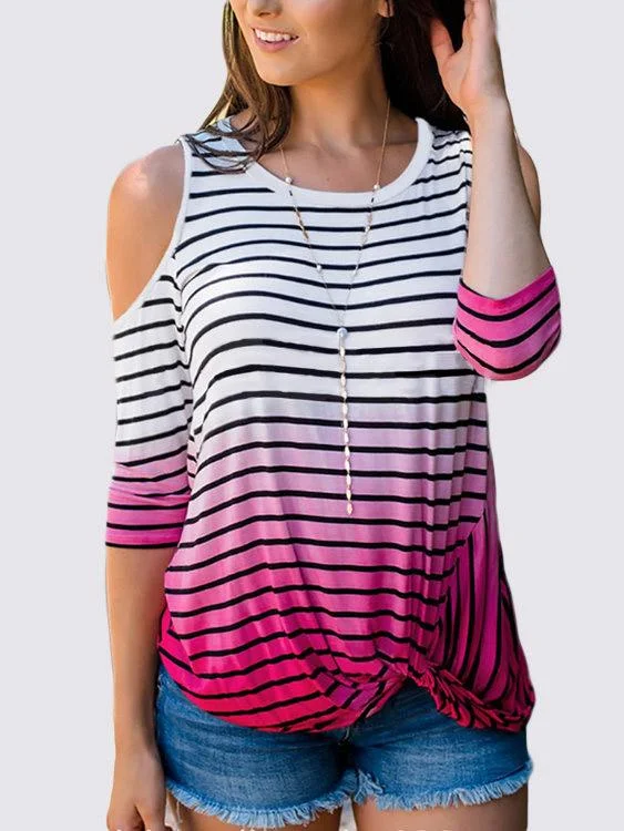 Hot Deal Custom Round Neck Cold Shoulder Stripe 3/4 Sleeve Rose T-Shirts