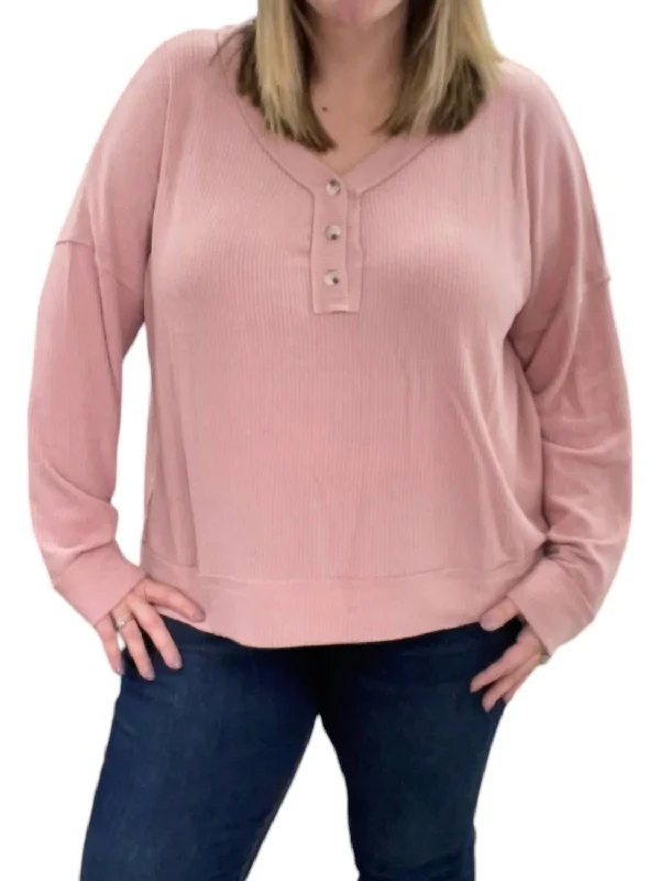 Take Advantage Ribbed Henley Sweater In Blush