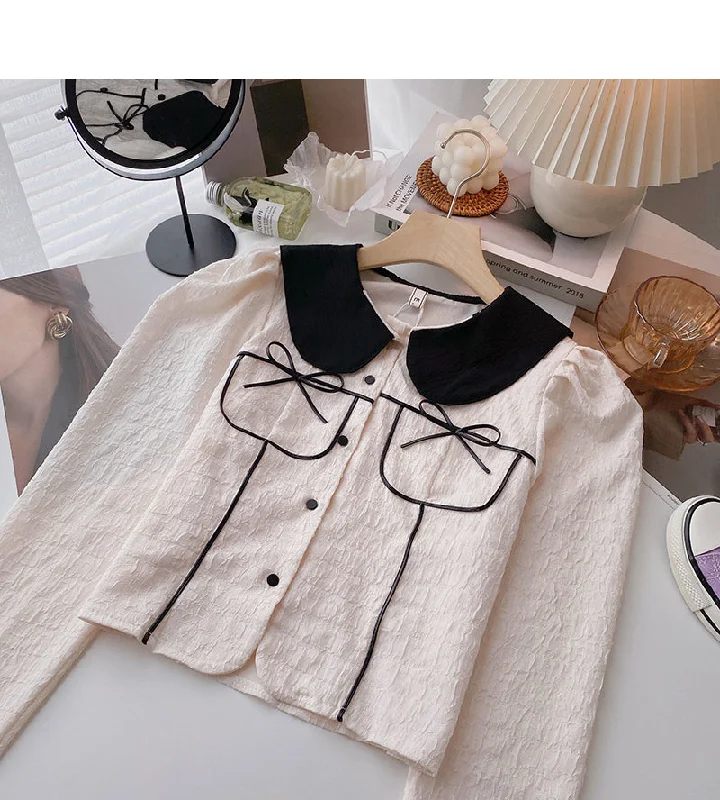 Weekend Deals to Brighten Your Day The new Korean doll collar contrast color bandage design feels thin top  6397