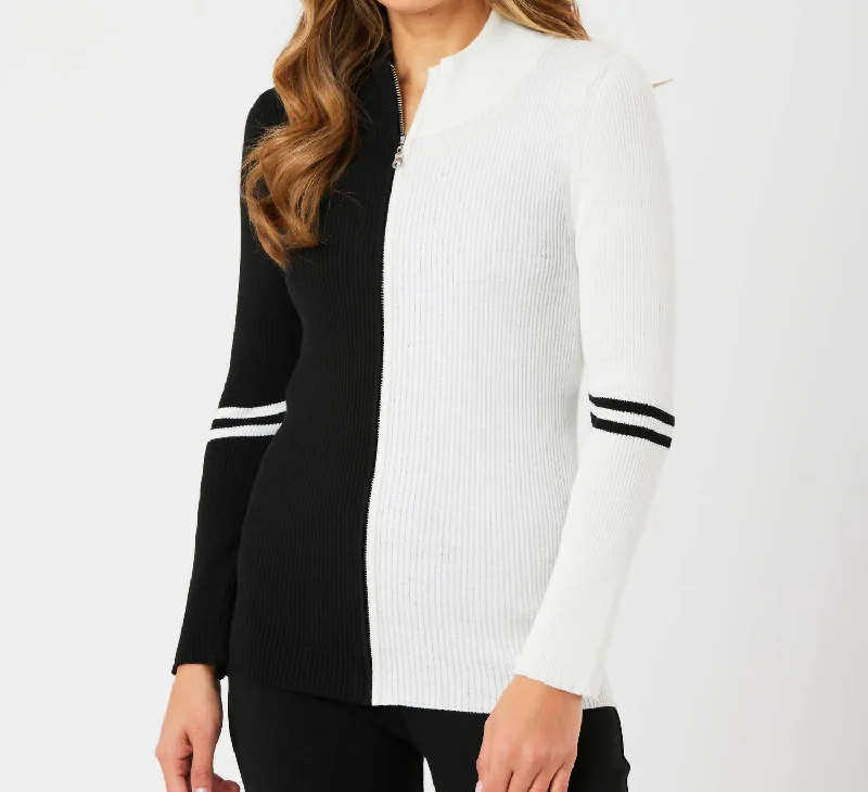 Take Action Two Tone Ribbed Zip Up Cardigan In Black/ivory