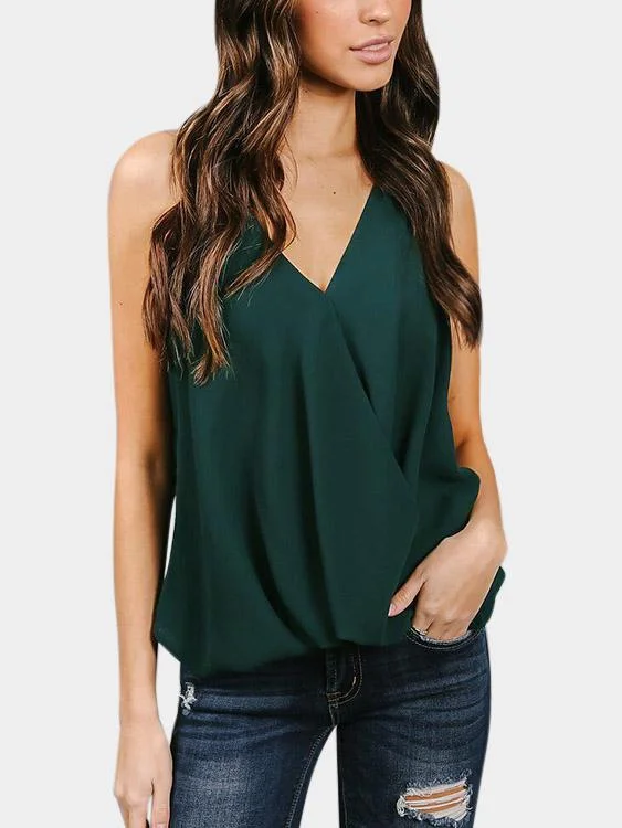 Custom Halter V-Neck Crossed Front Backless Pleated Sleeveless Green Camis