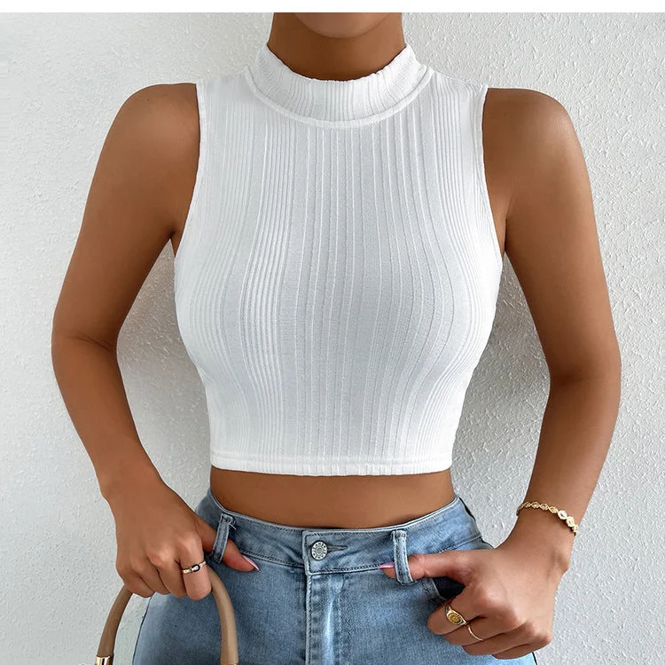 Unmissable Offer Sexy Backless Sleeveless Tops Round Neck Solid Color Slim Wholesale Crop Tops