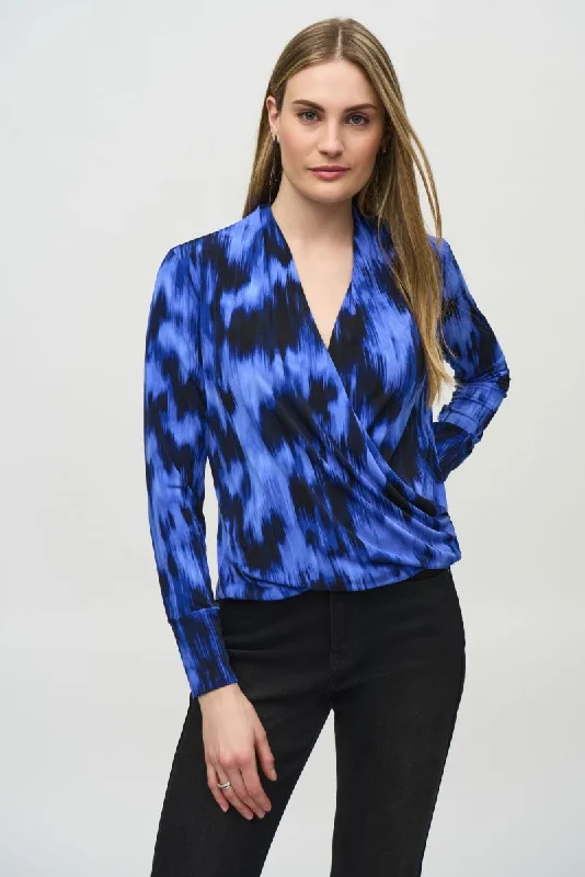 Joseph Ribkoff Royal Sapphire/Multi Abstract Print Faux Wrap Blouson Top 244075