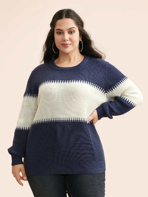 Super Sale Crew Neck Contrast Patchwork Pullover