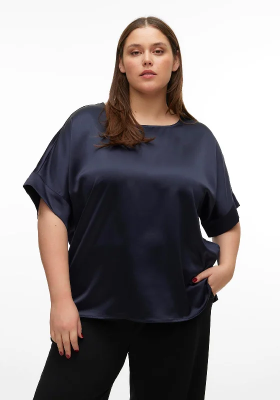 Lowest Price Vero Moda Curve Merle Round Neck Satin Top, Navy Blazer