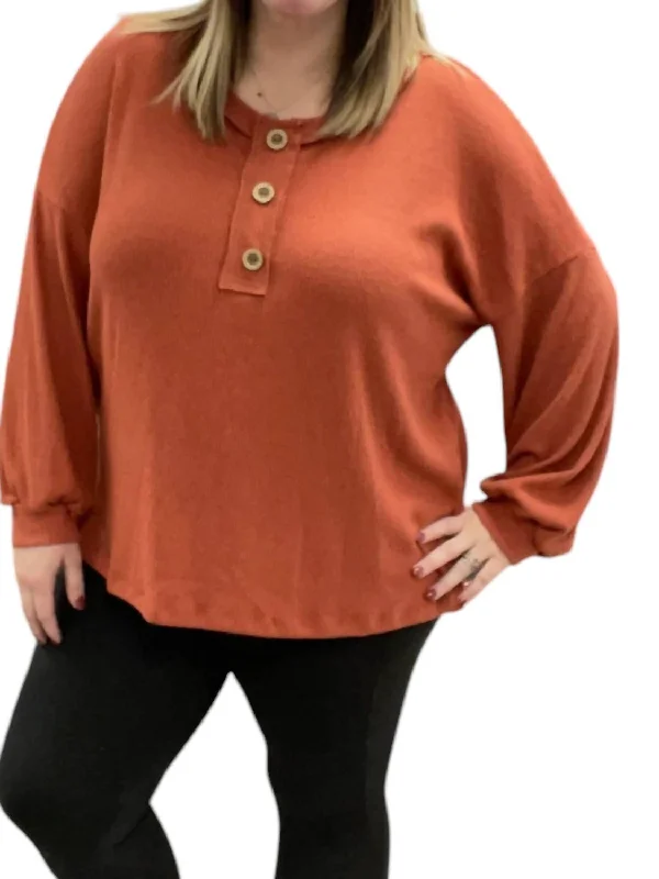 Early Access Faux Button Henley Sweater In Brick