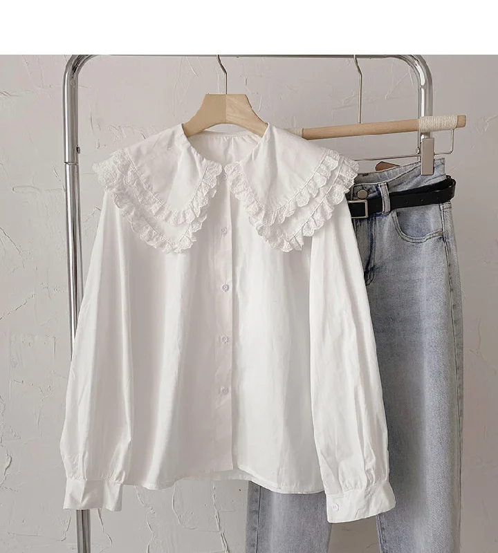 Weekend Deal Lace Baby collar shirt Korean version thin and foreign style single breasted top  6435