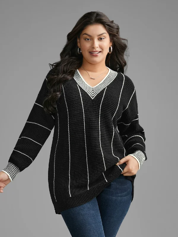 Epic Value Texture Contrast Striped Lantern Sleeve Pullover
