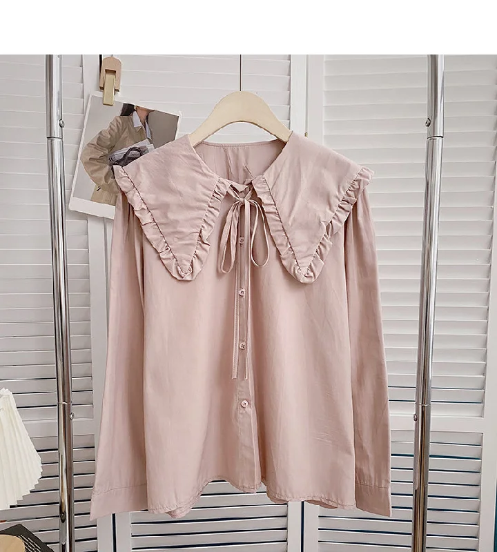 Limited Edition Solid long sleeved shirt with baby collar lace tie top  6432