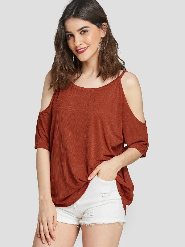 Custom Cold Shoulder Plain Cut Out Half Sleeve Rust T-Shirts