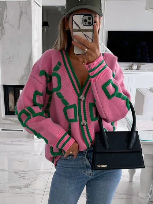 Flash Sale TastyHottie - Geometric Dropped Shoulder Button Down Sweater Cardigan