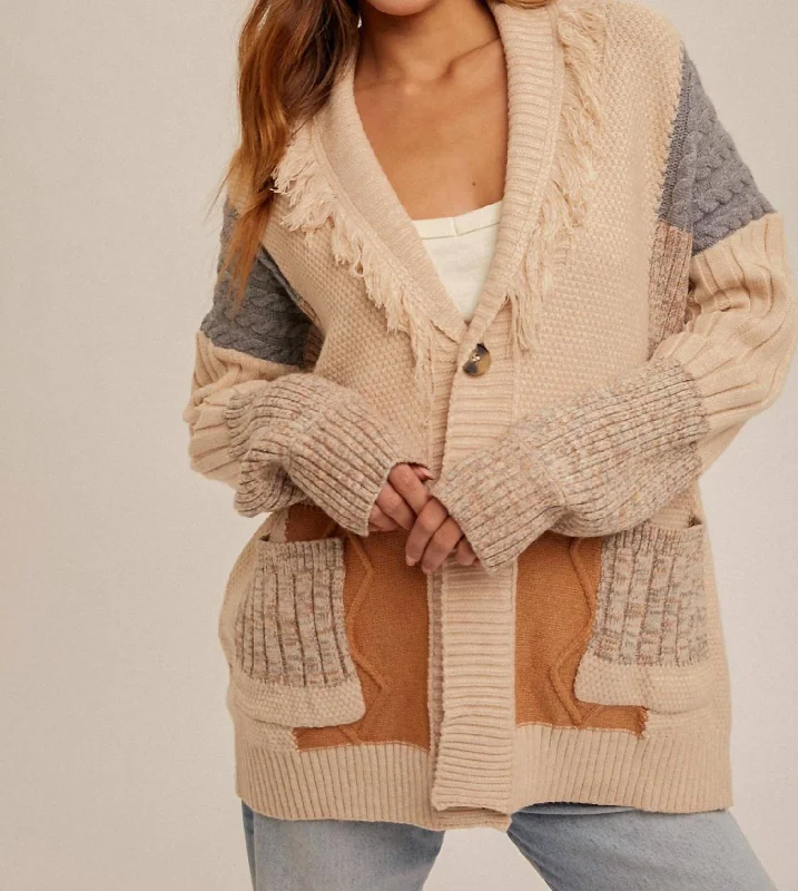 Online Deal Fringe Colorblock Cardigan In Beige