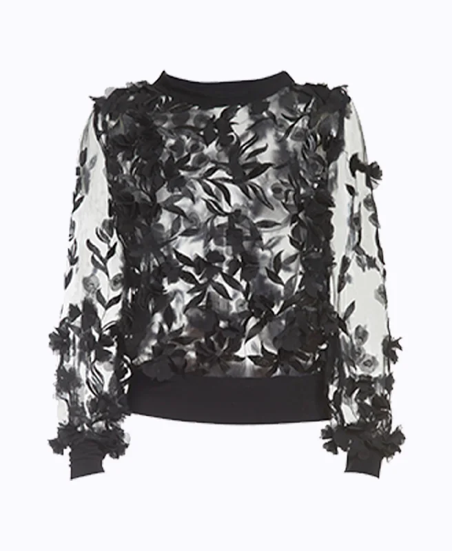 Steal Deal Black 3D Flower Sheer Top