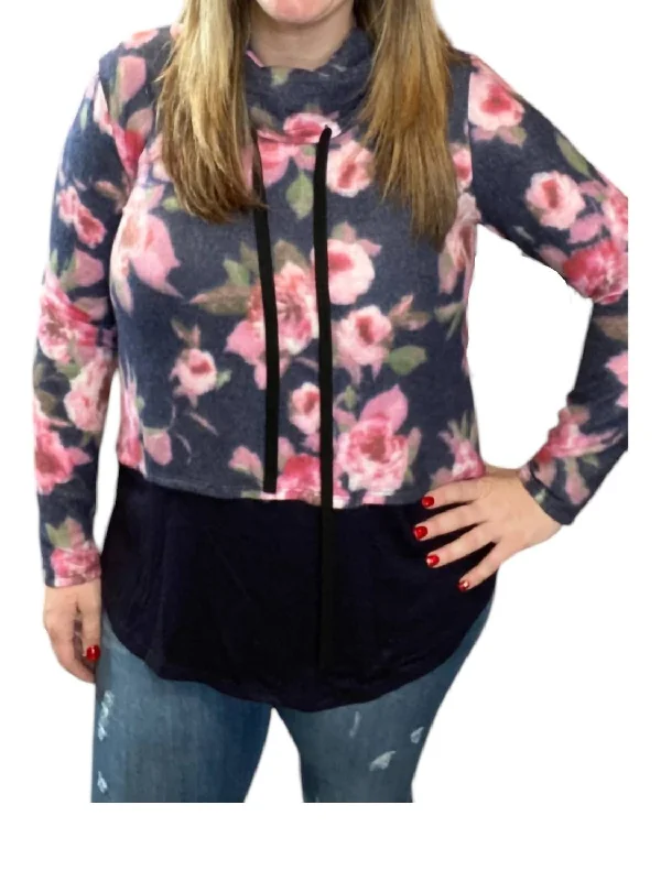 Hurry In Floral Cowlneck Sweater In Navy/pink