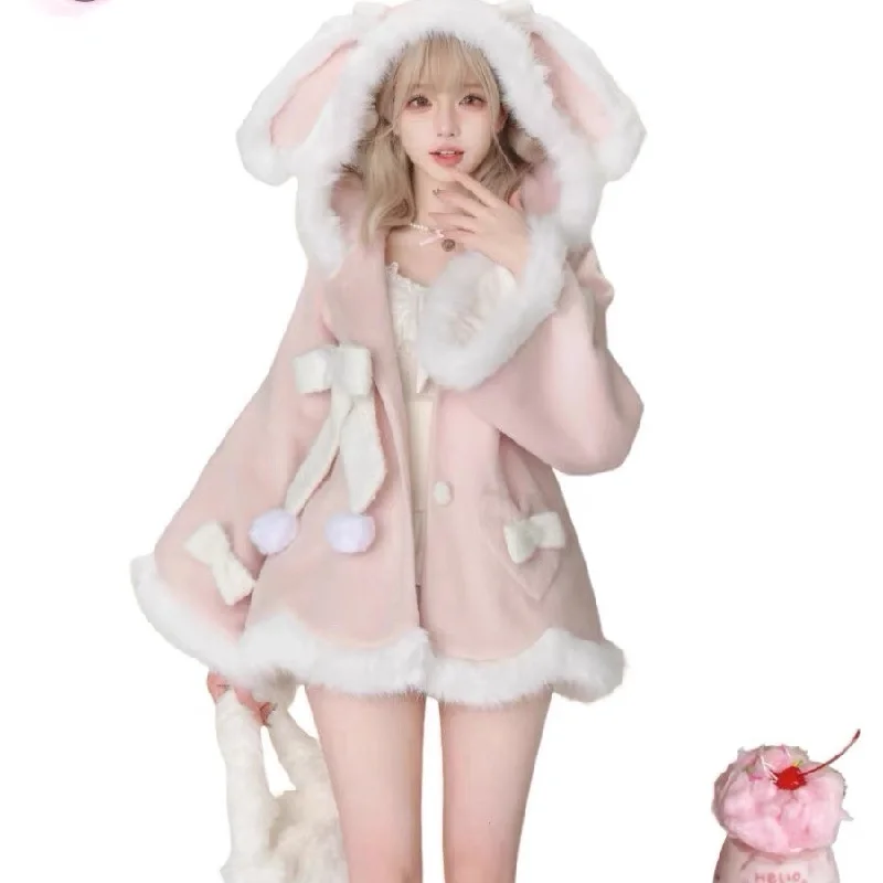 Closeout Deal Pink Bunny Ear Love Woolen Coat  AD21196