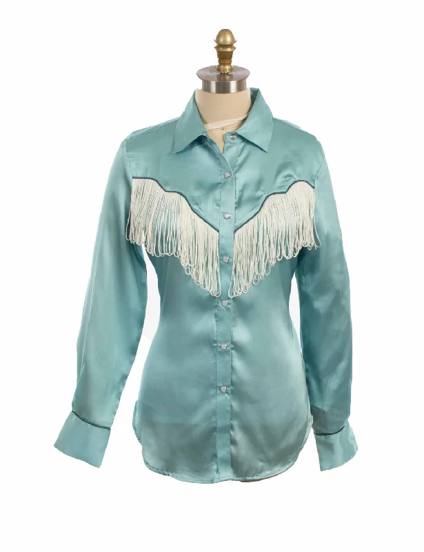 Scully Womens Retro Snap Fringe Turquoise 100% Polyester L/S Blouse