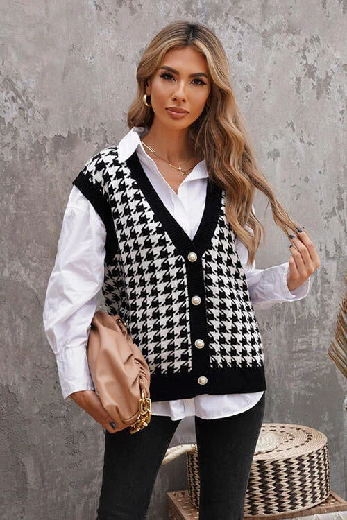 Weekend Discounts to Celebrate TastyHottie - Houndstooth Button Front Sweater Vest