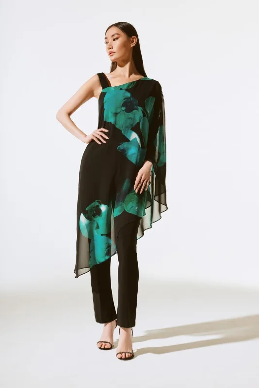 Joseph Ribkoff Black/Green Floral Print Asymmetric Chiffon One-Shoulder Top 243791