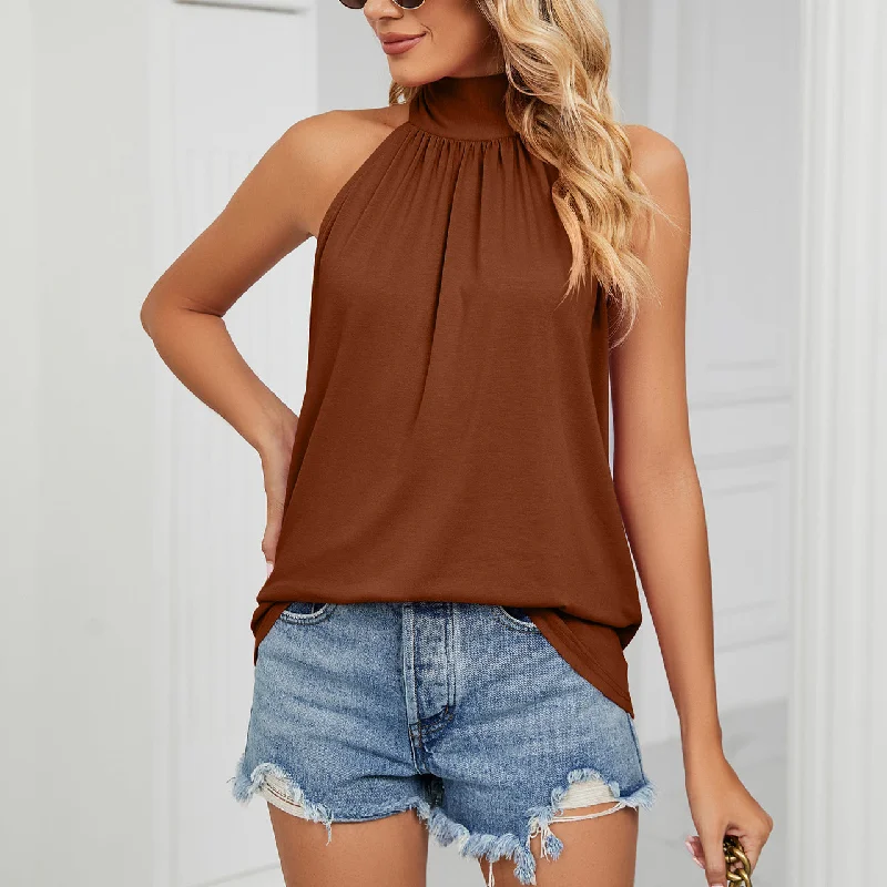 Shop the Weekend Away Solid Color Sleeveless Halter Neck Knitted Vest Wholesale Womens Tops
