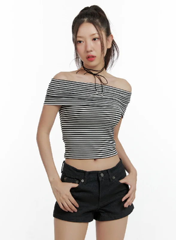 Stripe Off Shoulder Crop Top CL410