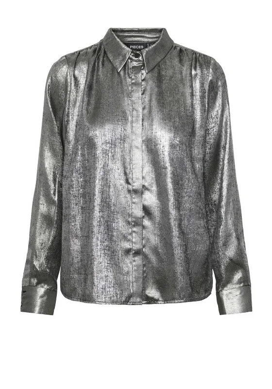 Incredible Offers Pieces Nisana Metallic Long Sleeve Shirt, Silver