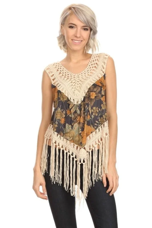 Sassy Bling Crochet Floral Print Fringe Crop Top - Navy