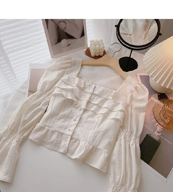 Sneak Peek Sale Ruffled Square Neck Shirt Short flare sleeve top  6429