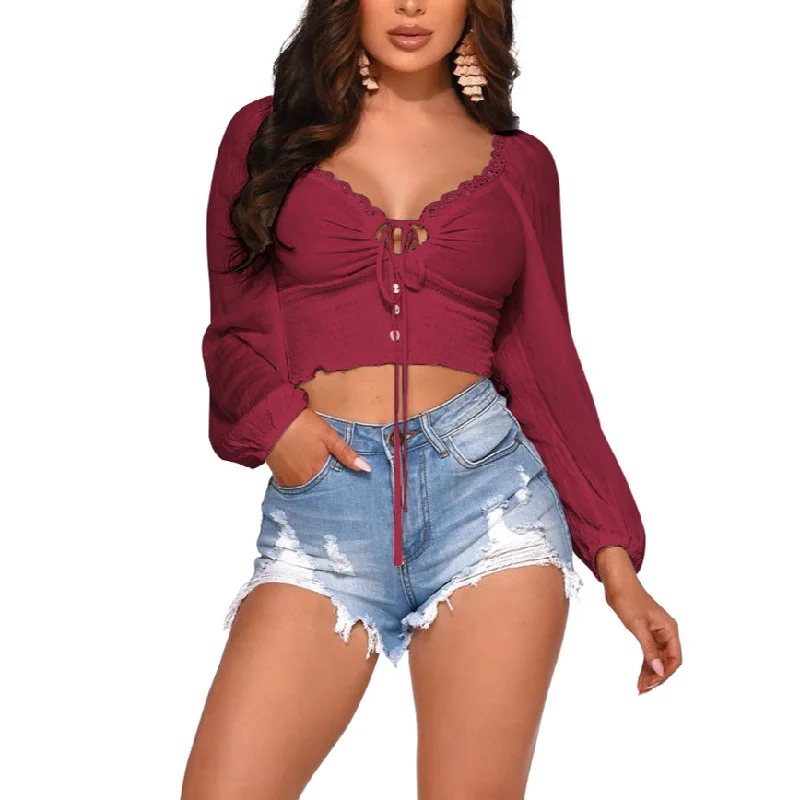 Online Specials Long Sleeve Slim Short Lace Shirts Wholesale Crop Tops