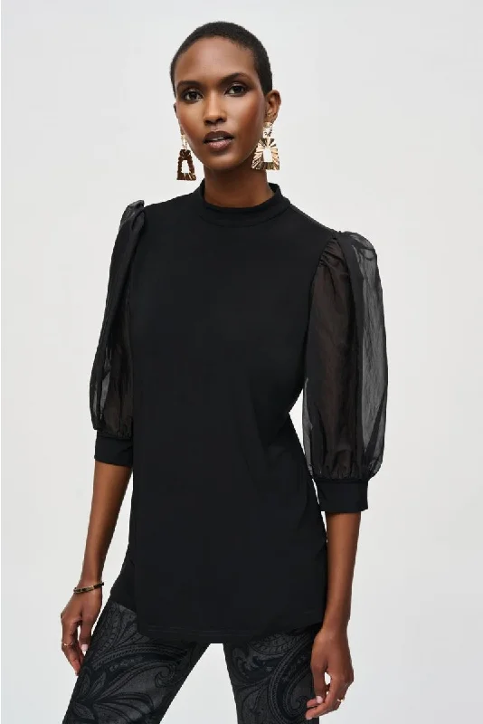 New Markdowns Joseph Ribkoff Black High Neck Organza Puff Sleeve Tunic Top 243257