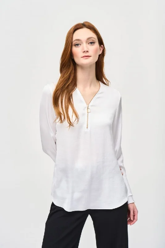 Quick Sale Joseph Ribkoff Zip Front Ruffled Sleeves Satin Top 243285