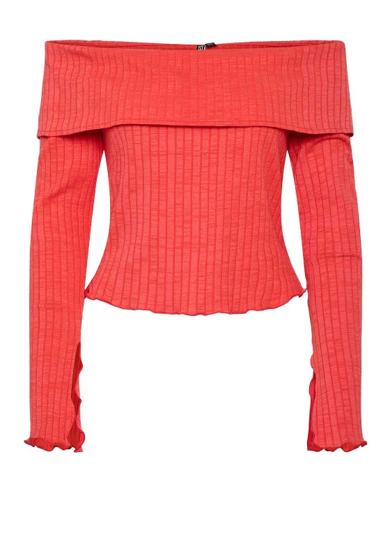 Lowest Rates Pieces Jazmine Ribbed Bardot Top, High Risk Red