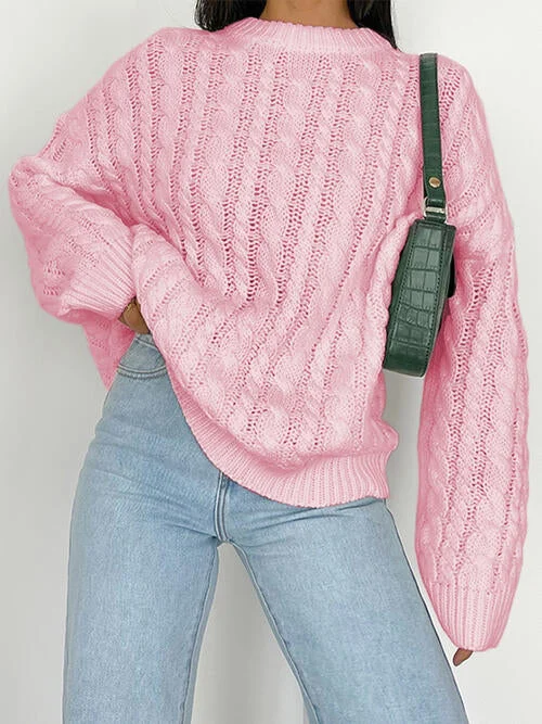 Stock Clearance TastyHottie - Openwork Round Sleeve Cable-Knit Sweater