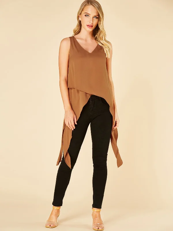 Wholesale V-Neck Plain Sleeveless Irregular Hem Coffee Tank Top