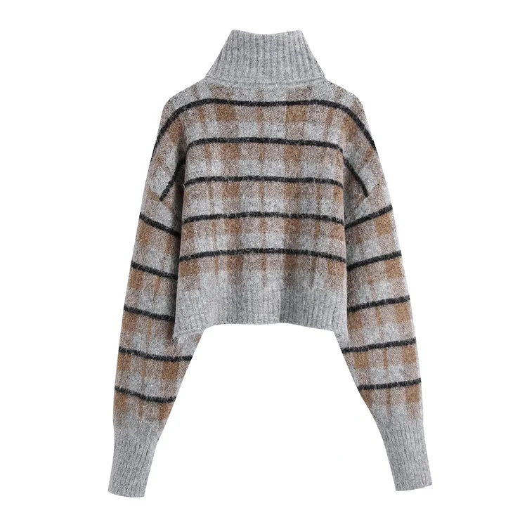 Weekend Deal New lazy high neck slim plaid sweater  7503