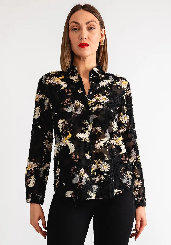 YEAR-End Sale Serafina Collection Floral Embroidered Shirt, Black