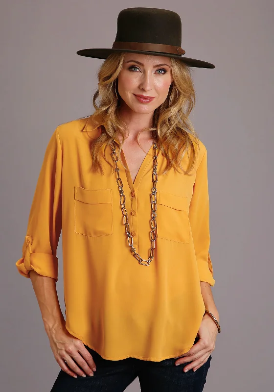 Weekend Offers That Thrill Stetson Womens Gold Polyester Open V-Collar S/S Blouse
