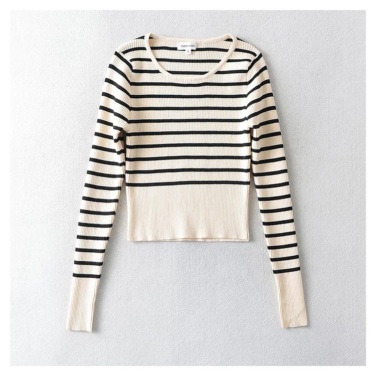 Final Sale U-neck striped long sleeve slim fitting bottomed sweater for women  7736