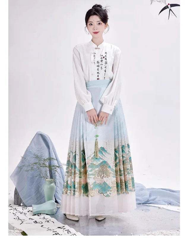 Chixia~Chinese Symbol of Misty Landscape~Han Lolita Skirt Printed Blouse and Floral Horse-Face Skirt