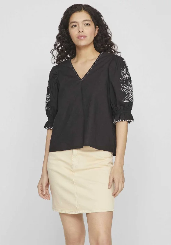 Weekend Offers That Shine Vila Sella Embroidered Detail Sleeve Top, Black