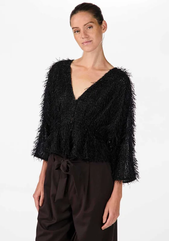 Stock Clearance Y.A.S Sisal Fringed Glittery Buttoned Top, Black