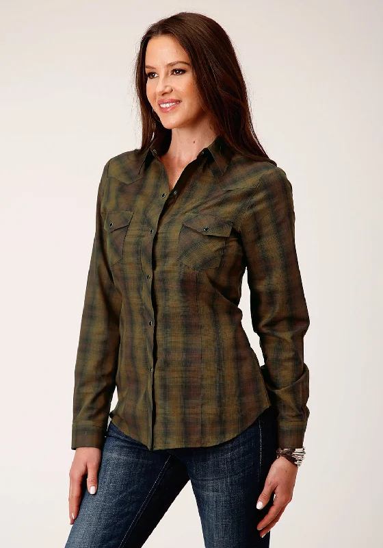 Overstock Sale Roper Womens 55/45 Plaid Black/Gold Cotton Blend L/S Shirt