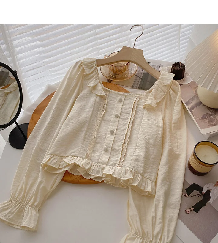 TIME-Limited Offer Design sense niche shirt slim French flare sleeve top  6420