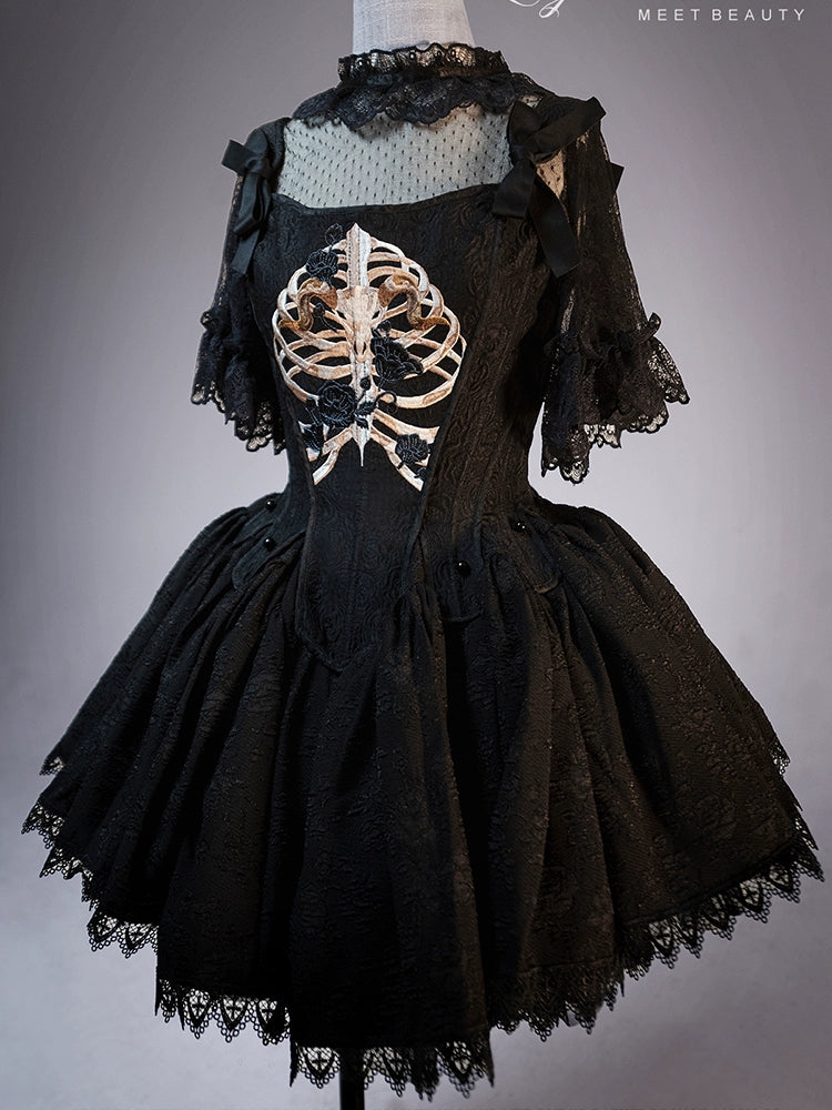 (BFM)Lingxi Lolita~Bone island Gothic Lolita Corset Goth Blouse Skirt Set