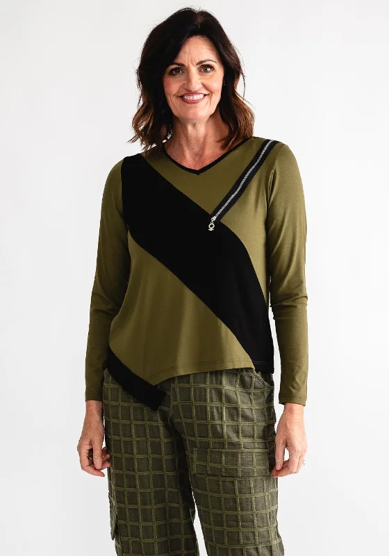 Price Blitz My Soul Zip Detail Colour Block Top, Green & Black