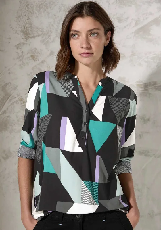 Fantastic Savings Cecil Geometric Button up V Neck Blouse, Black Multi