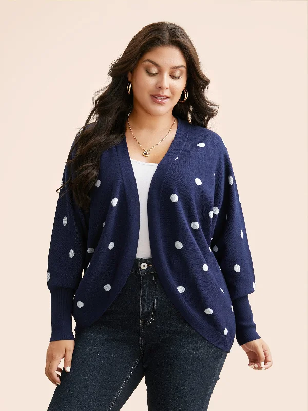 Polka Dot Curved Hem Dolman Sleeve Cardigan