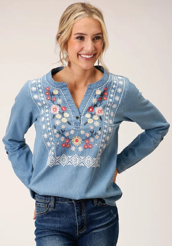 Act Now Roper Womens Denim Split V Blue 100% Cotton L/S Blouse