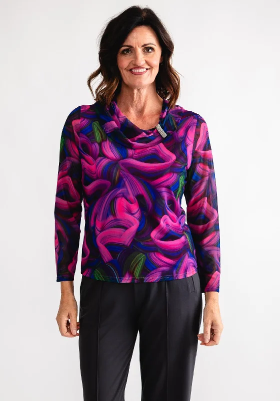 Price Cut Via Veneto Cowl Neck Mesh Top, Pink Multi