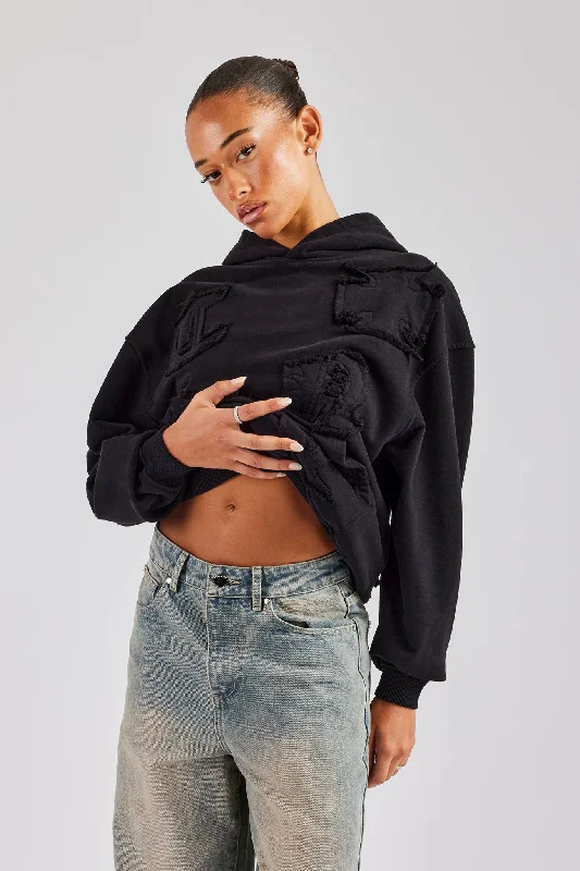 Buy More, Save More Womens Distressed Applique Hoodie  - Black